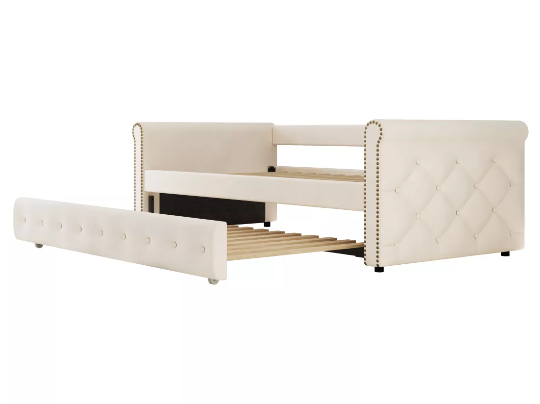 Lit gigogne 90x200cm en lin avec sommier à lattes - Beige