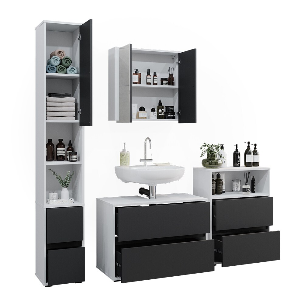 Badmöbel-Set Maltin Weiß Anthrazit modern Waschtischunterschrank Spiegelschrank Midischrank Hochschrank