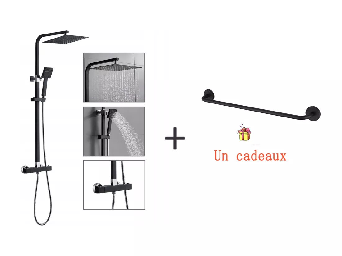Colonne Douche Thermostatique Noir avec 9,7 Pouces Spray Supérieur pour Salle de Bain+Porte-Serviettes de Salle de Bain,Auto-adhésif/ Perçage,60CM