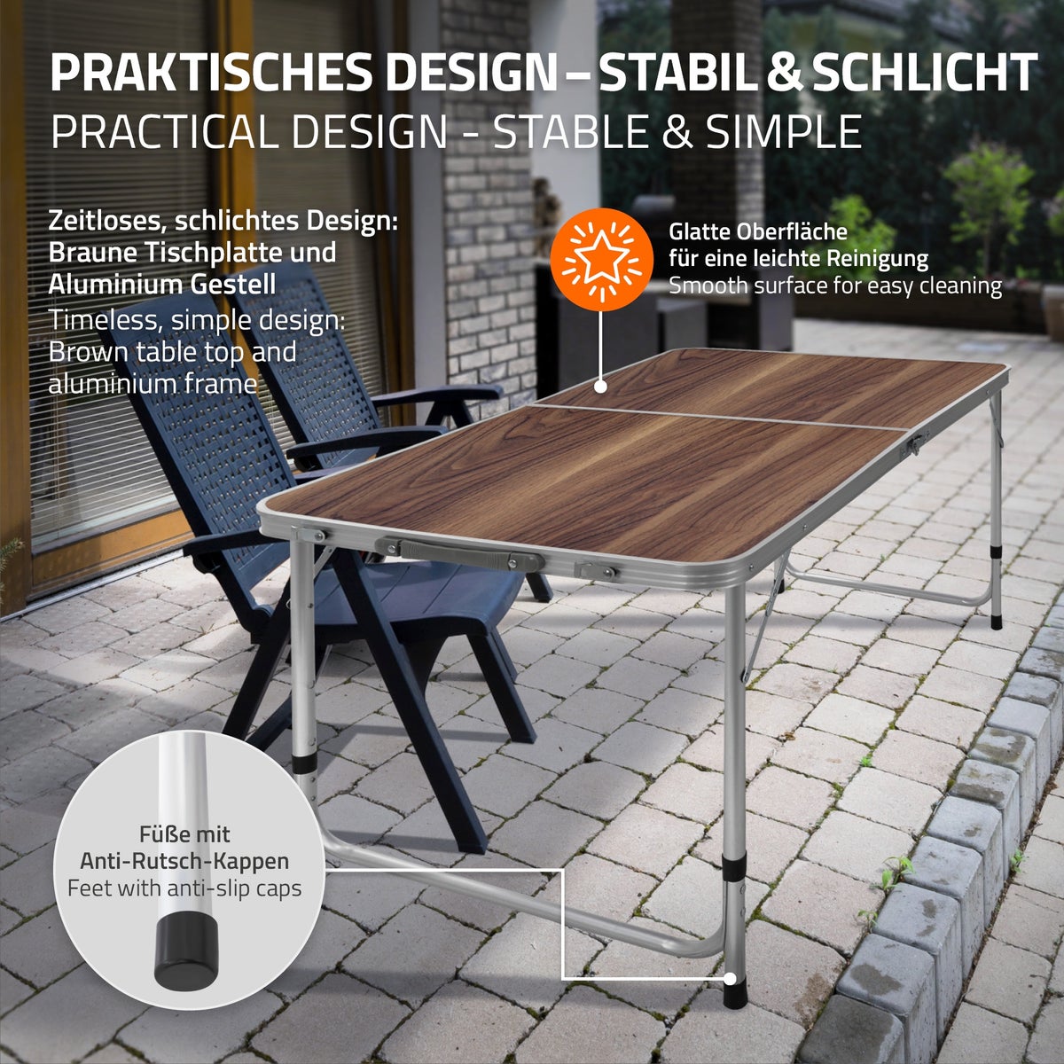 ECD Germany Campingtafel, Opvouwbare tafel met handgreep, 120x60x55/63/70 cm, Bruin, Gemaakt van aluminium en MDF-houtdecor, Hoogte verstelbaar, Opvouwbaar - Opvouwbare tafel, Tuintafel, Balkontafel, Reistafel, Werktafel