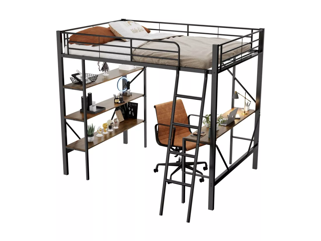 Lit mezzanine 90x200cm, cadre en métal, lit surélevé avec échelle, bureau et 3 grandes étagères pour enfants, adolescents, noir