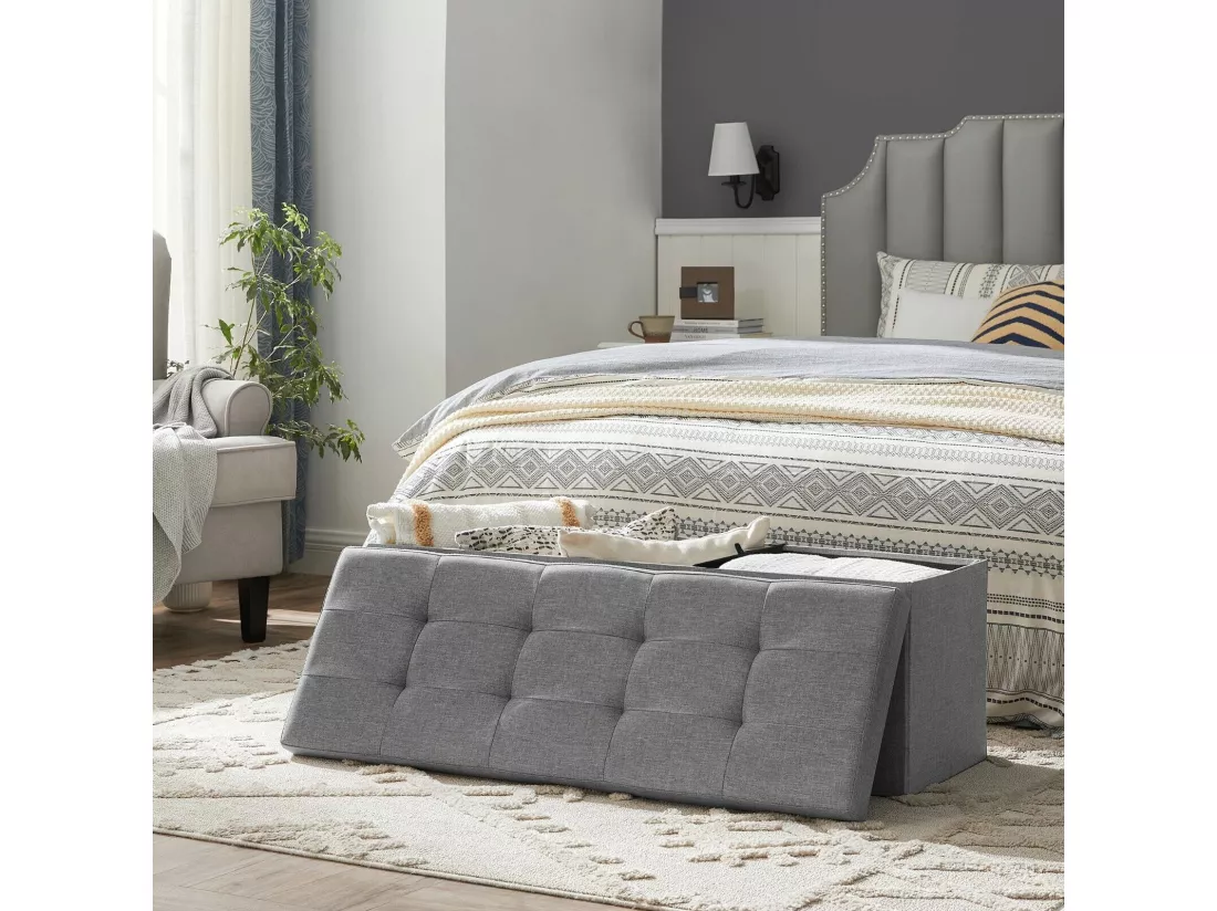 Banc Tabouret Boîte de Rangement Polyester Commode Pliable - 110x38x38cm - Gris Clair
