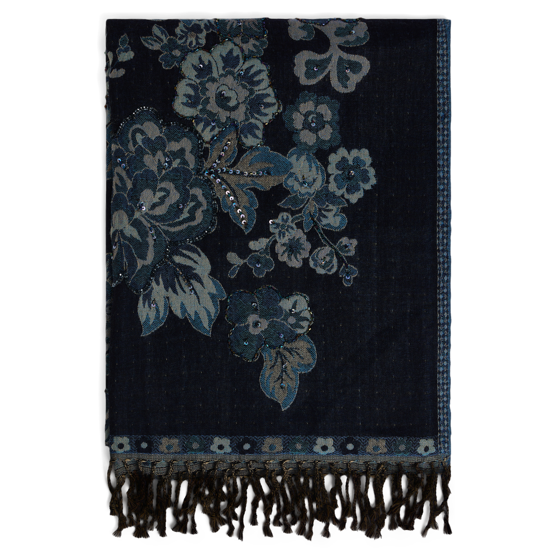 DORINE - Echarpe en laine en jacquard floral | Bleu