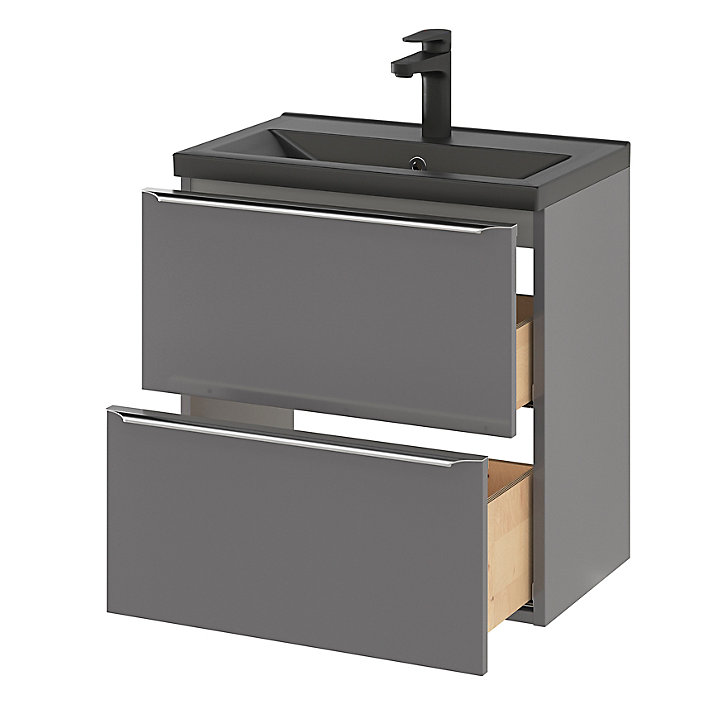 Ensemble salle de bains l.60 cm meuble à suspendre faible profondeur Imandra gris brillant + plan vasque céramique noir