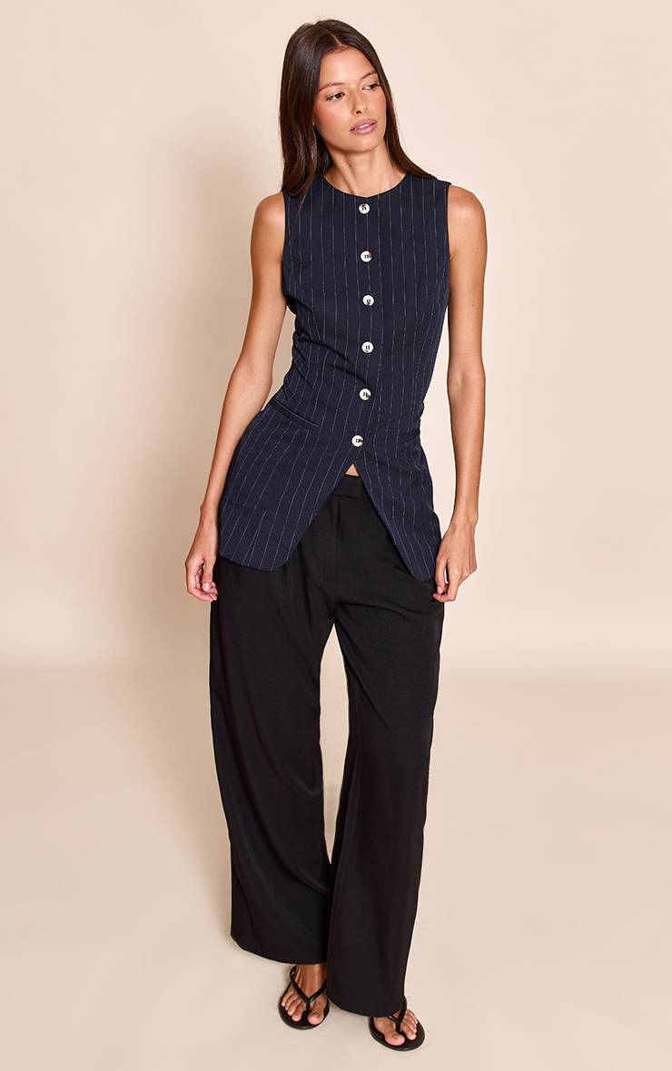 Navy And White Gilet Boutonné À Fines Rayures