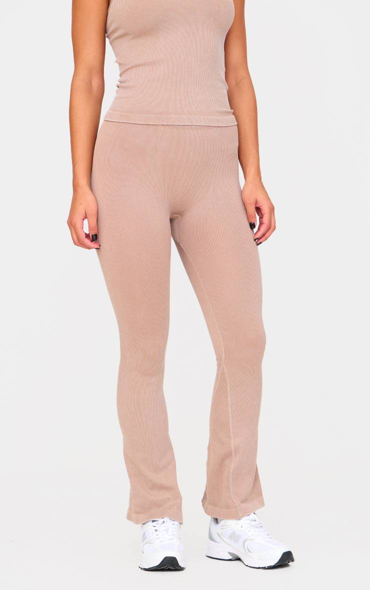 Chocolate Mocha Pantalon De Yoga Évasé Côtelé Sans Couture Effet Délavé Acide