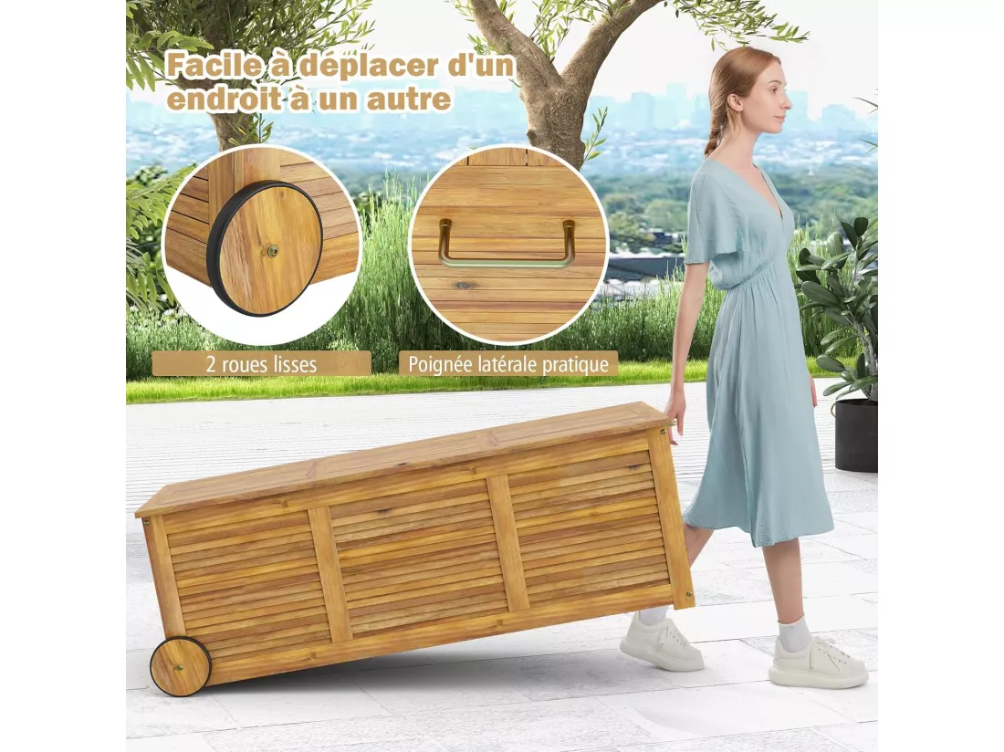 Coffre de Rangement 182L en Bois d'Acacia avec Charnière en Métal, Coffre de Jardin à Roulettes Charge 150KG 127 x 50 x 45 cm, Naturel