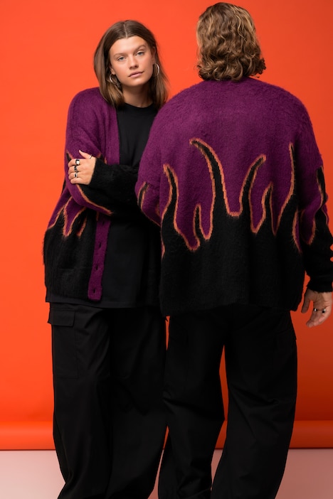 Strickjacke, oversized, Flame-Abschlüsse, V-Ausschnitt, Langarm, Unisex