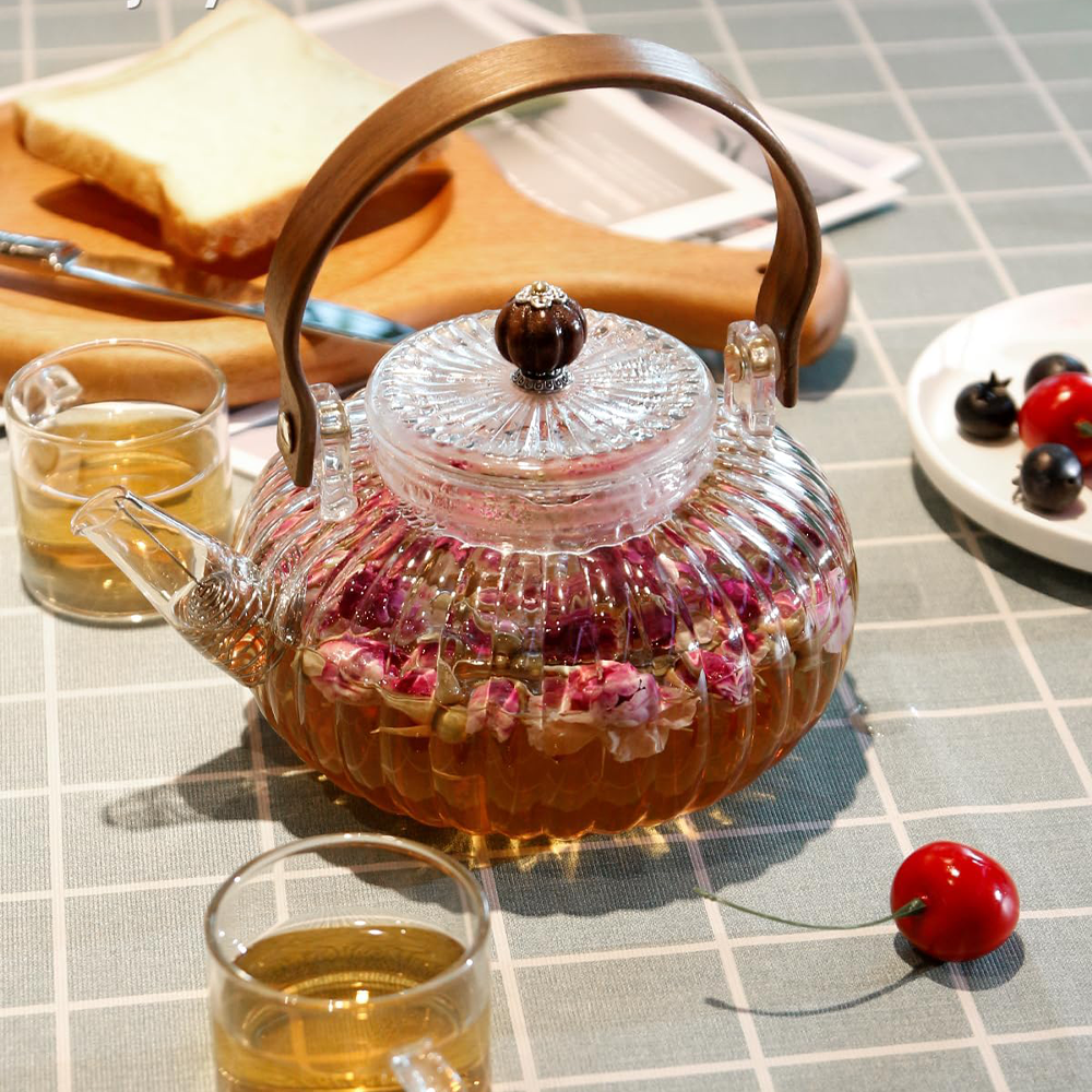 (900ml) Glas Tee Kanne mit Spiral Ausguss Teebereiter Karaffe mit Holz Griff Getränke Krug - Transparent / Braun