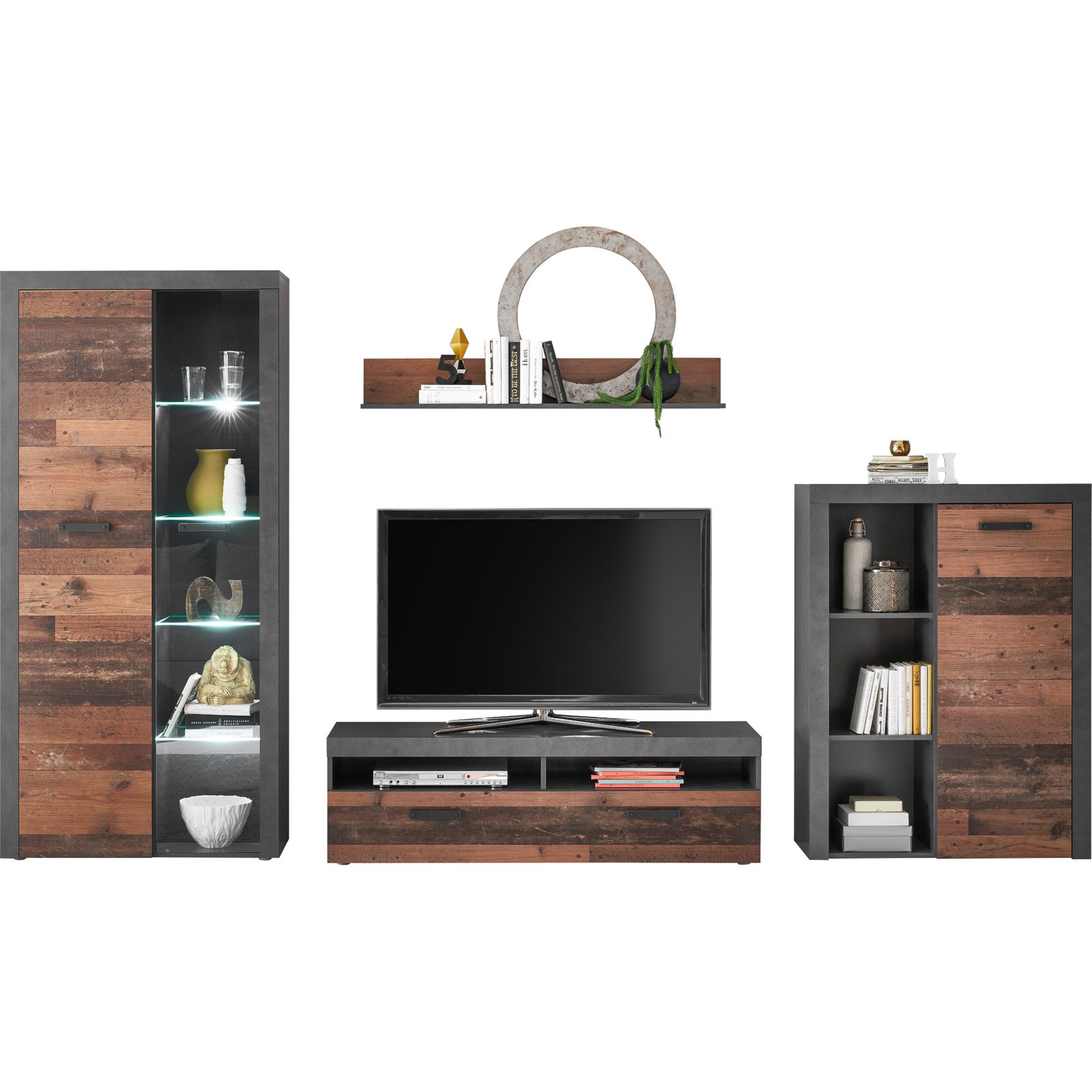 Wohnwand India Dekor Old Style Matera inkl. LED-Beleuchtung 320 x 190 x 39 cm