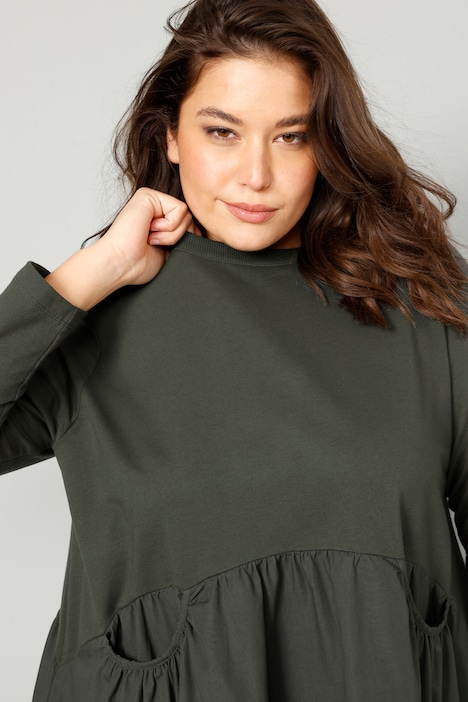 Midikleid, A-Line, Materialmix, Rundhals, Langarm, Quernaht