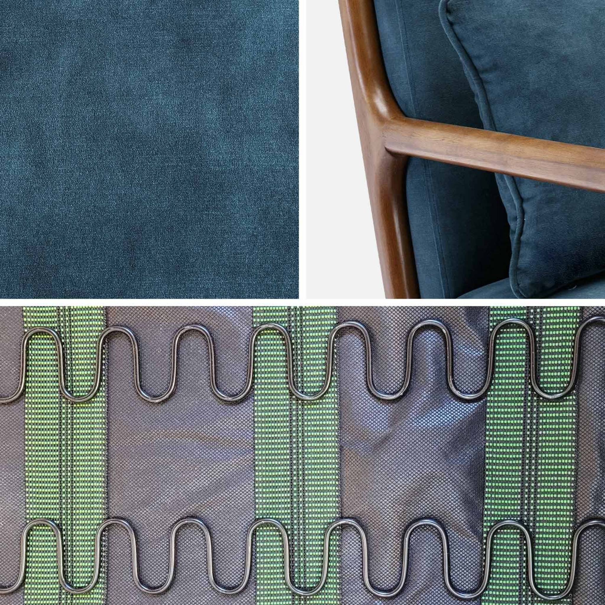 Fauteuil en velours bleu pétrole. Pieds bois d'hévéa teinté noyer clair. 1 place droit fixe. Pieds compas scandinave