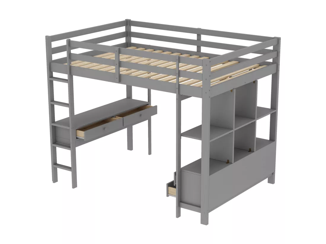 Lit mezzanine 140x200cm en pin massif avec bureau + tiroirs + étagères + sommier à lattes - Gris