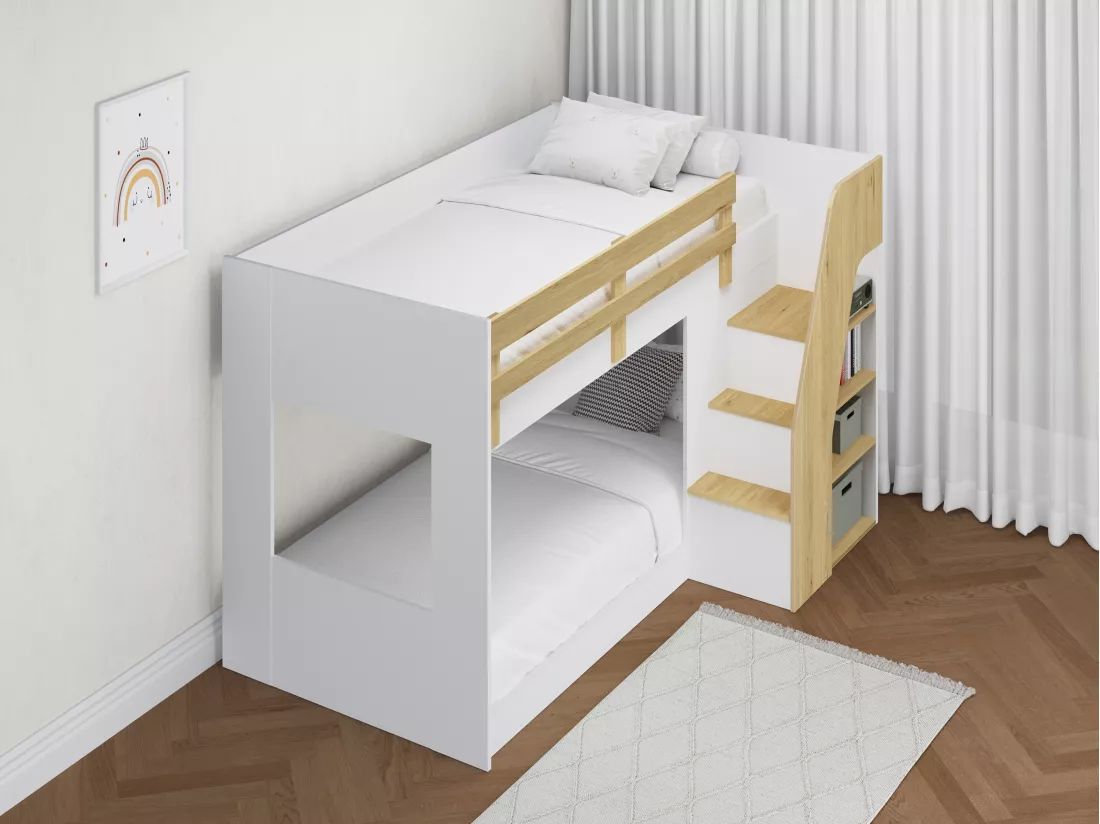 Lit superposé 90 x 190 cm - Avec rangements - Coloris : Blanc et naturel - NAROJAS