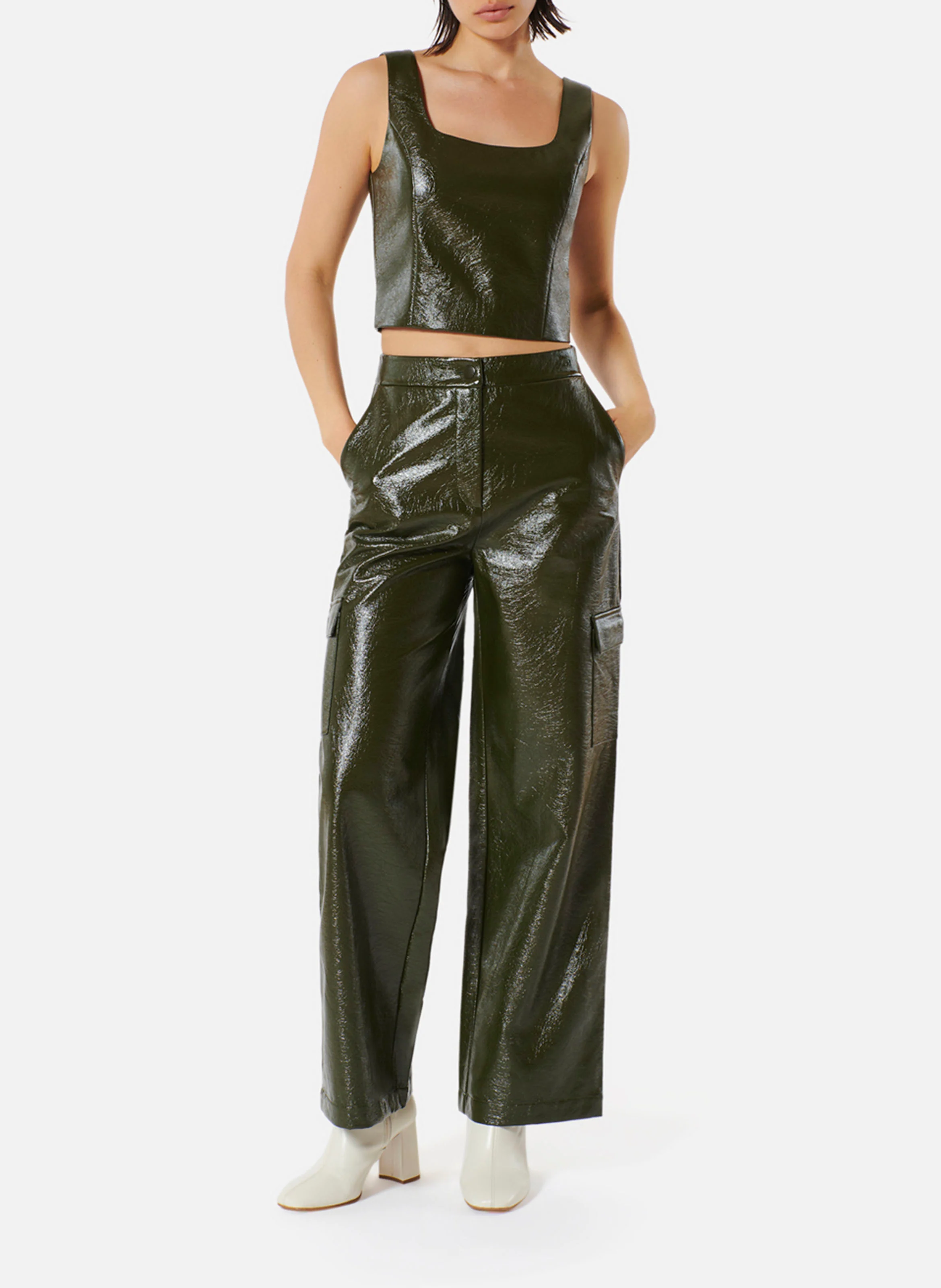 PARADIS - Pantalon large taille haute effet cuir | Vert