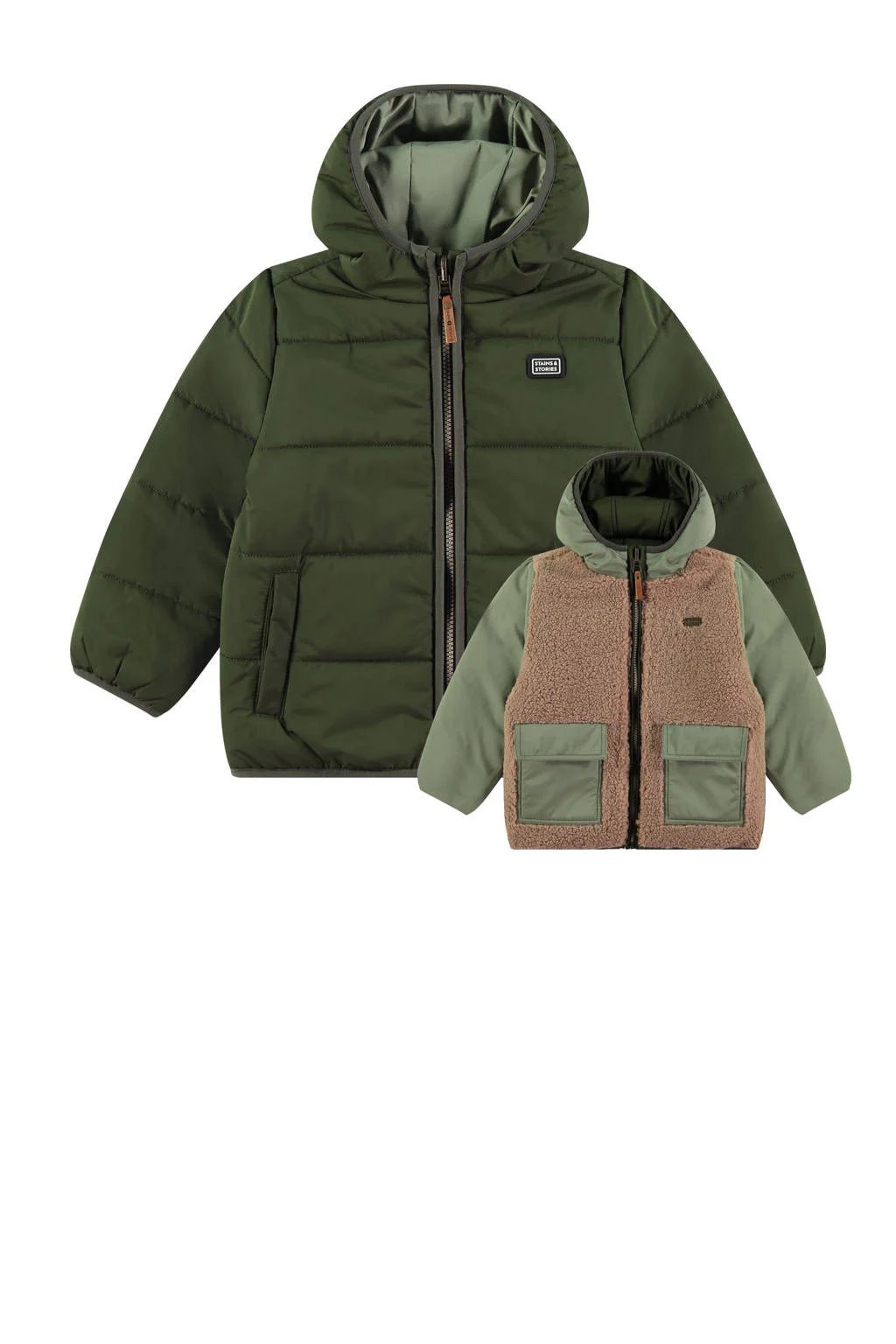 Stains&Stories reversible coated teddy winterjas groen/beige