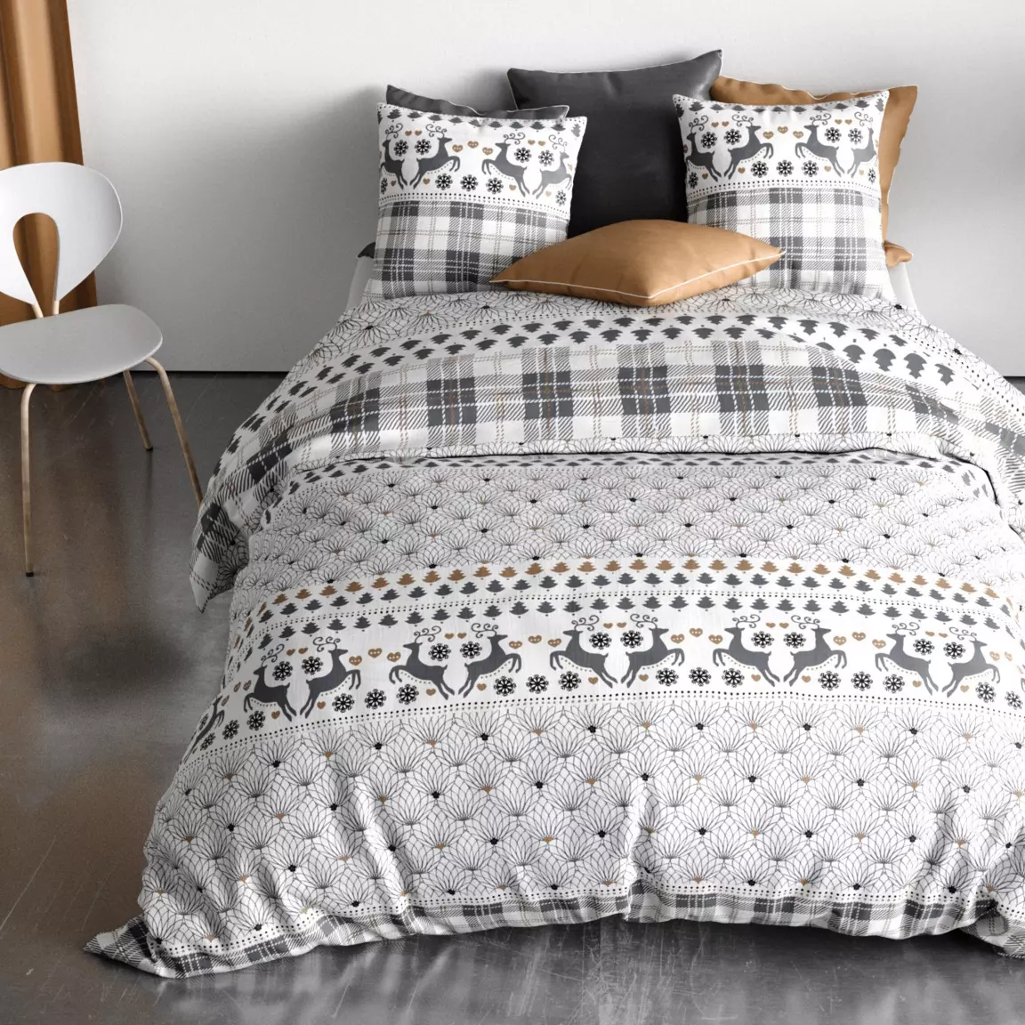Housse de couette et deux taies coton (260 x 240 cm) Aflak Grise