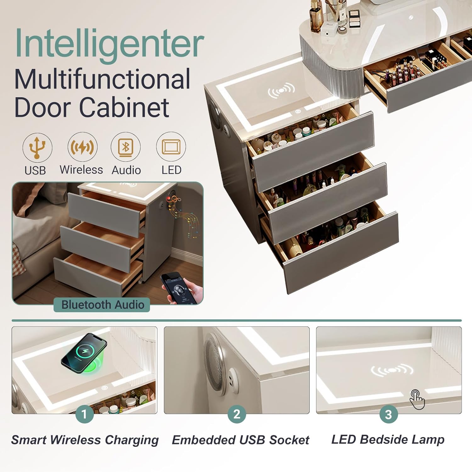 Schminktisch Mit Beleuchtung Und Hocker,Moderner Frisiertisch Mit Kabelloser Aufladung,Bluetooth-Audio,Schminktisch Mit Spiegel,3 Farben,Für Das Schlafzimmer (Graues Schminktisch-Set)