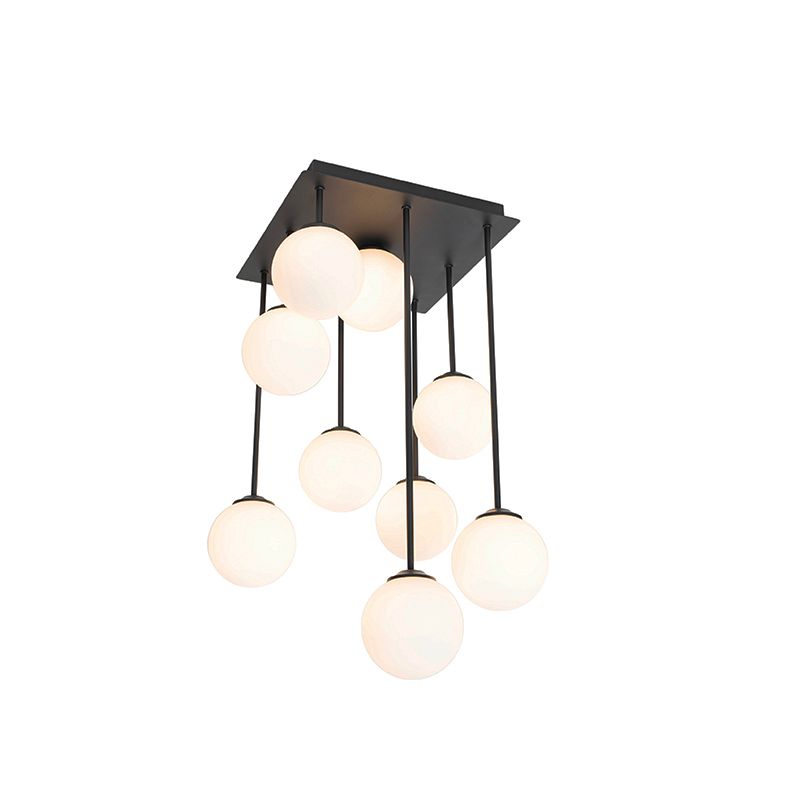 Moderne plafondlamp zwart met opaal glas 9-lichts  - Athens