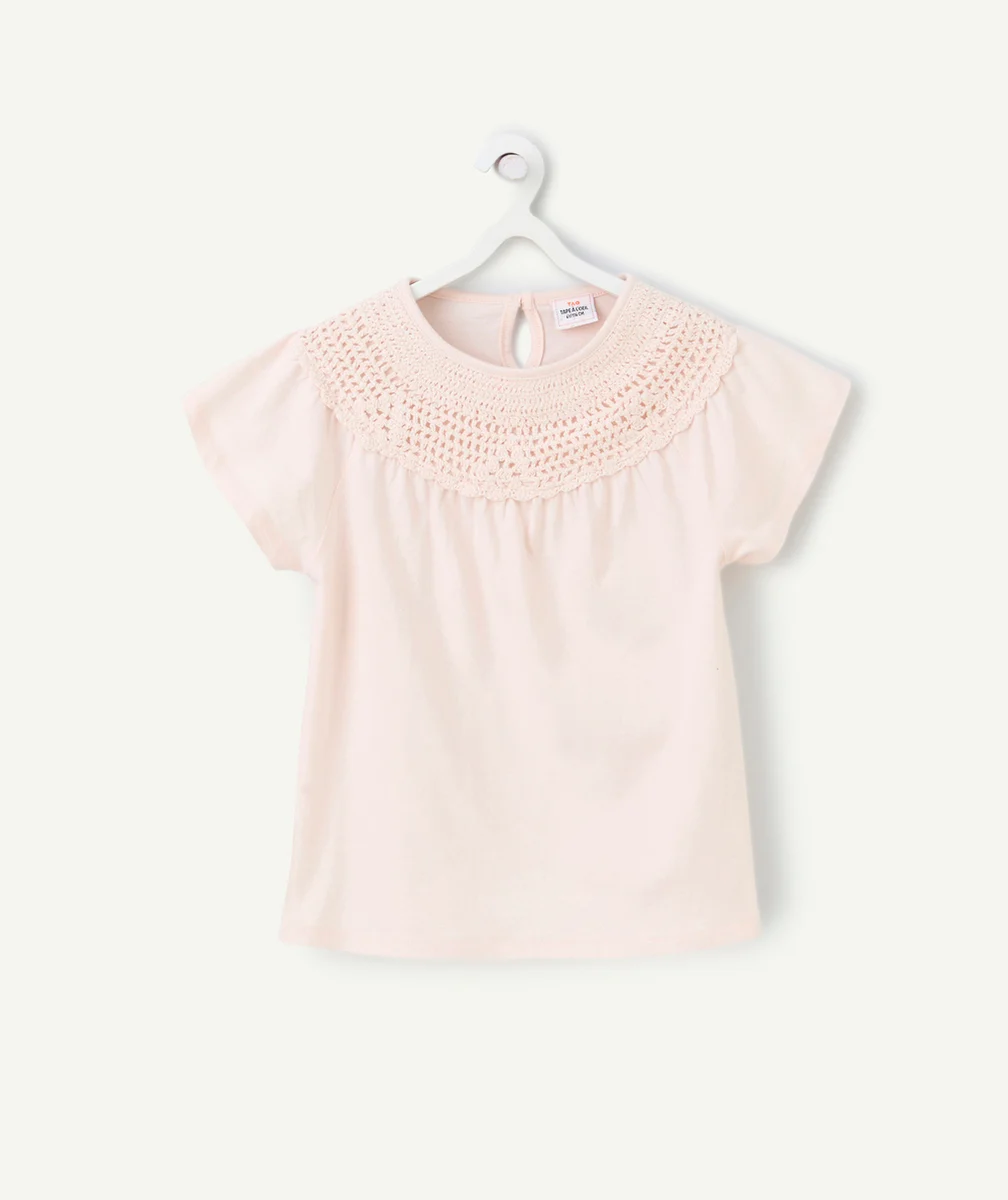 t-shirt manches courtes fille en coton bio rose avec crochet