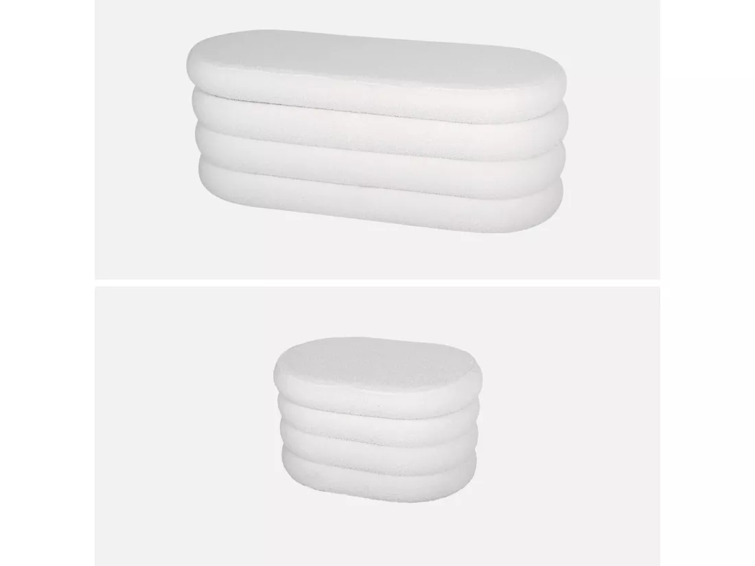 Banc coffre en bouclettes blanches avec 2 poufs ovales de rangement intégrés - L111cm