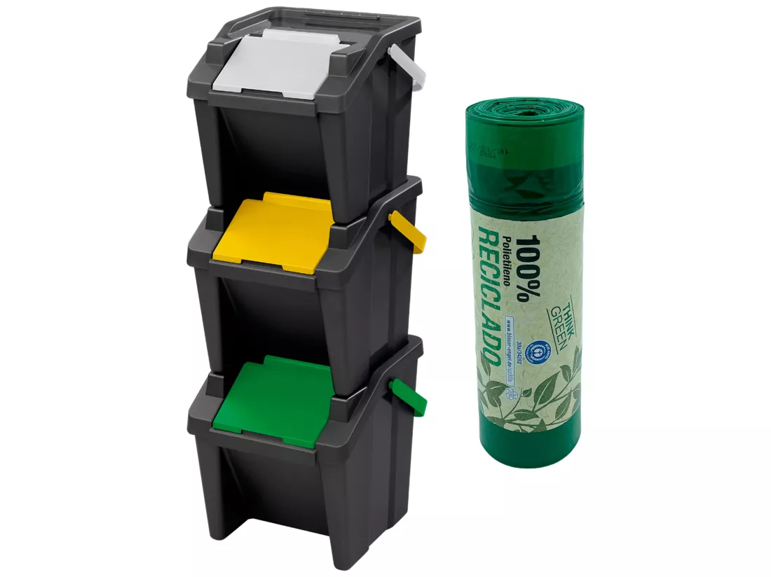 Set de 3 poubelles empilables 30L + rouleau de 20 sacs poubelle à fermeture automatique 30L 38,2x37,6x37-107