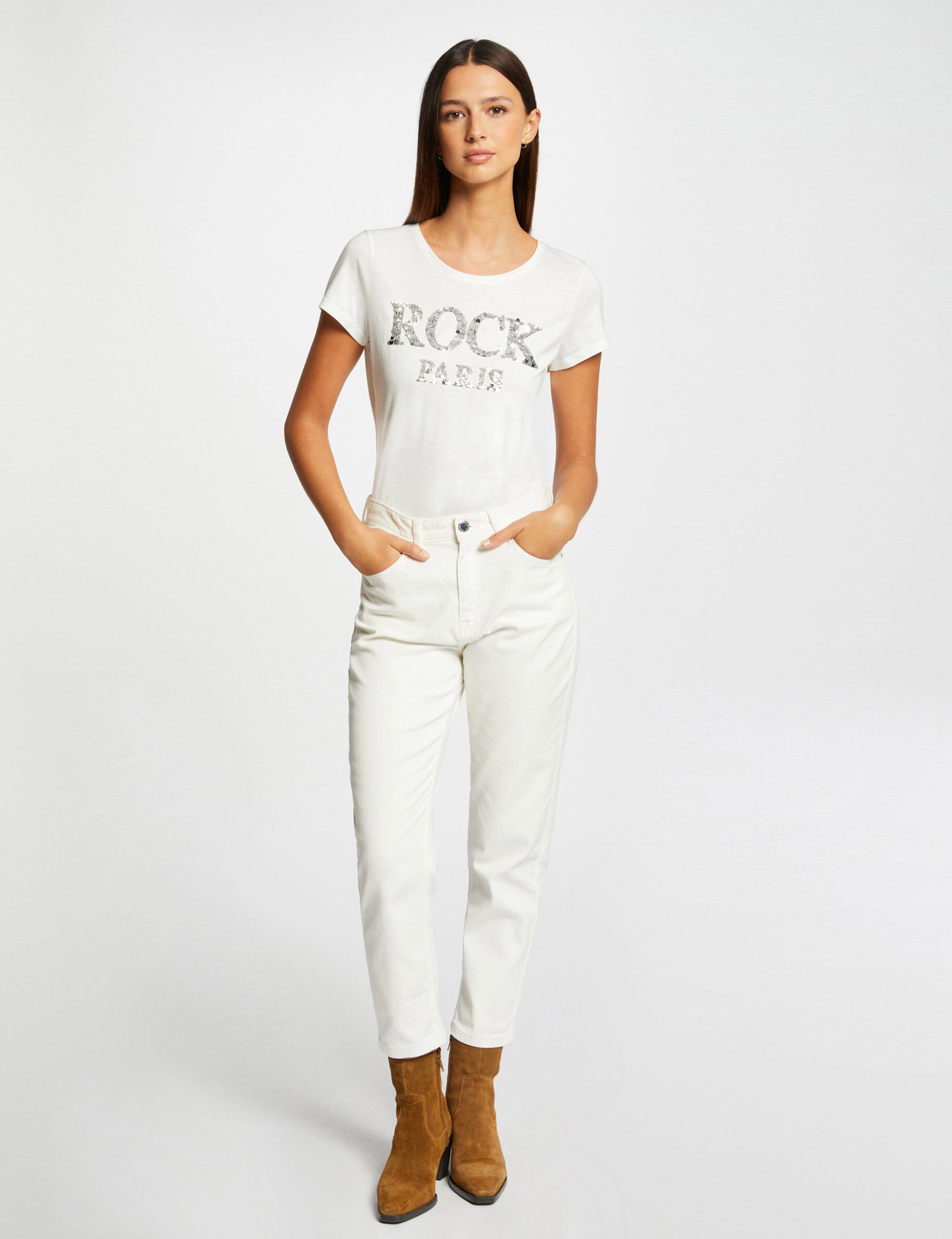 T-shirt manches courtes à inscription argente femme - argente