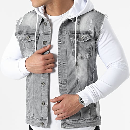Veste Jean A Capuche 2261 Gris Denim Blanc