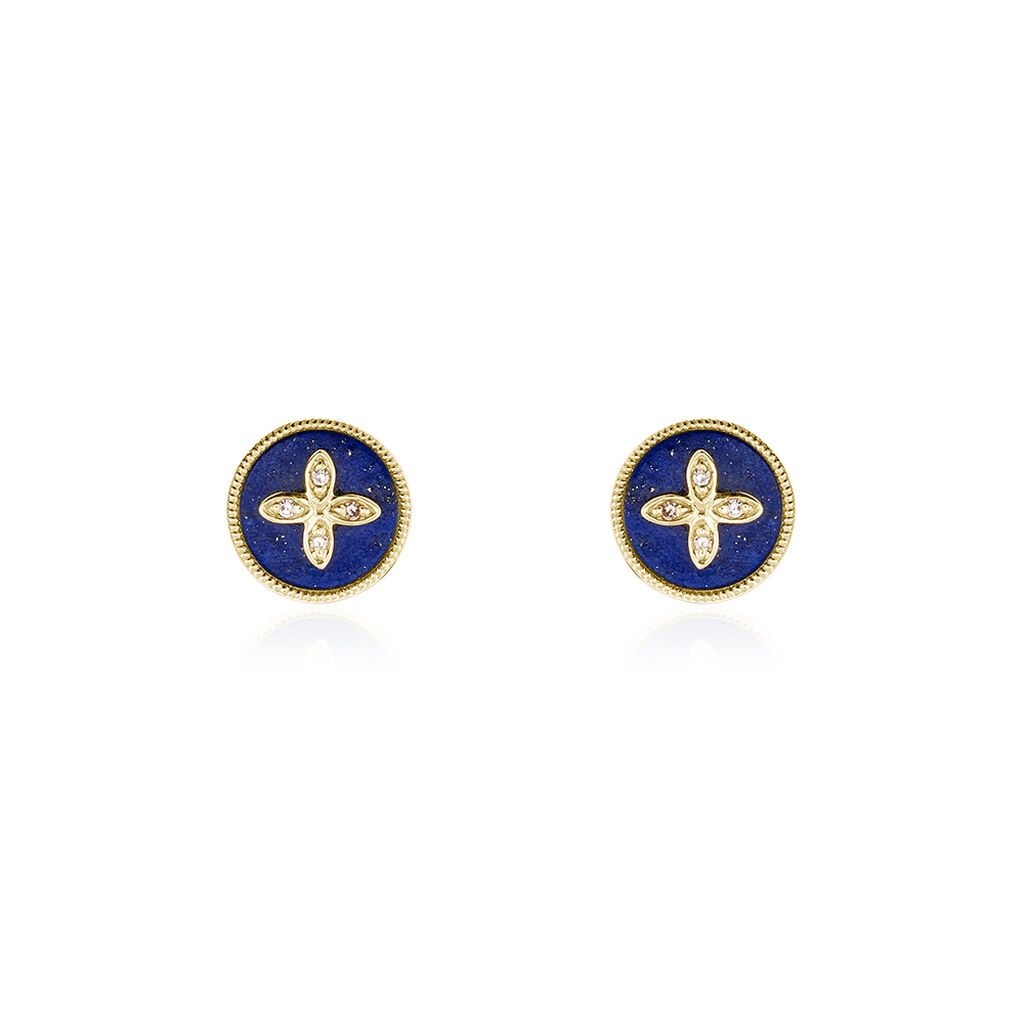 Boucles D'oreilles Puces Talisman Or Jaune Lapis Lazuli Diamant