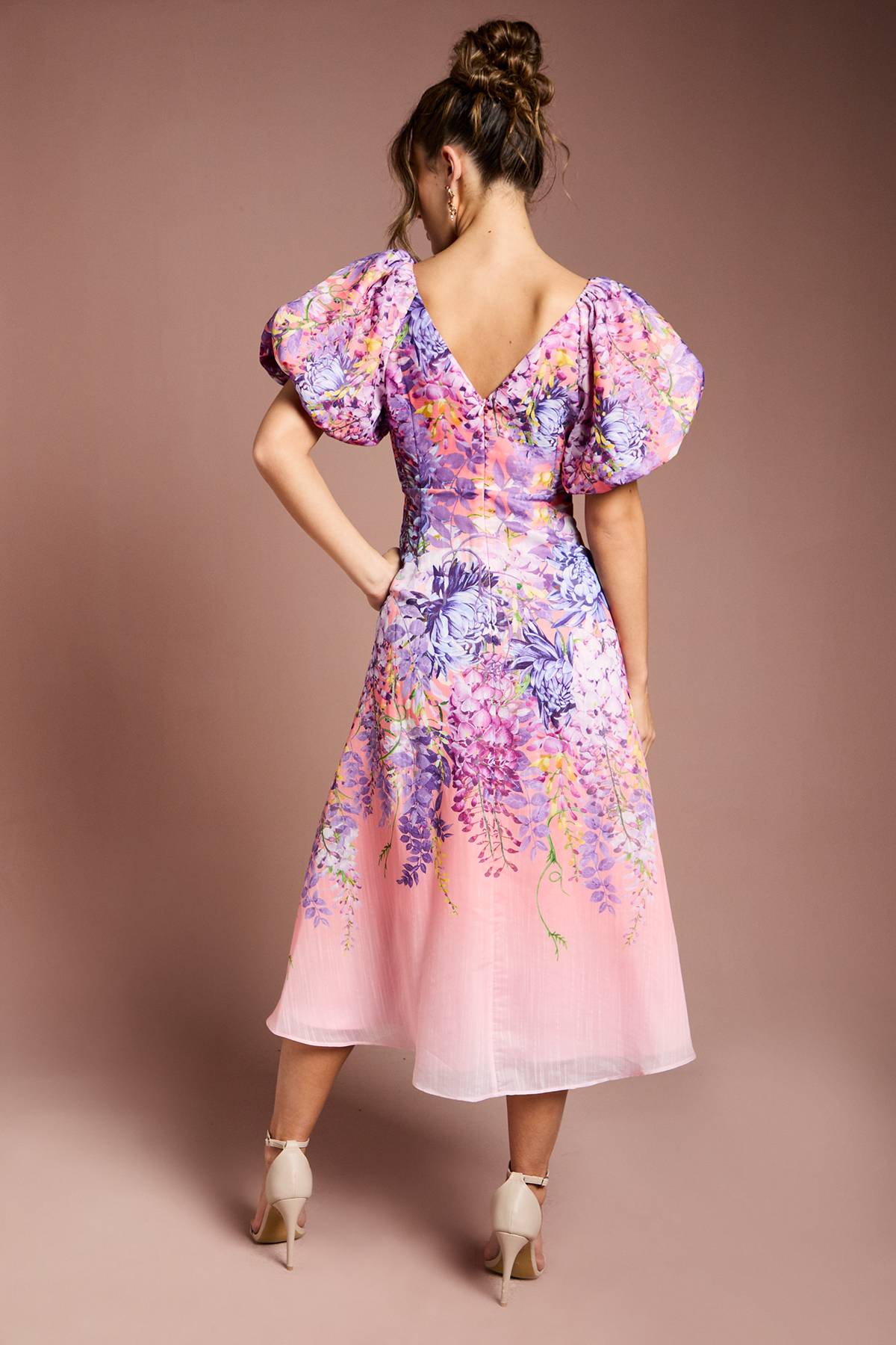 Coast Robe Mi-Longue en Organza à Imprimé Floral et Manches Bouffantes