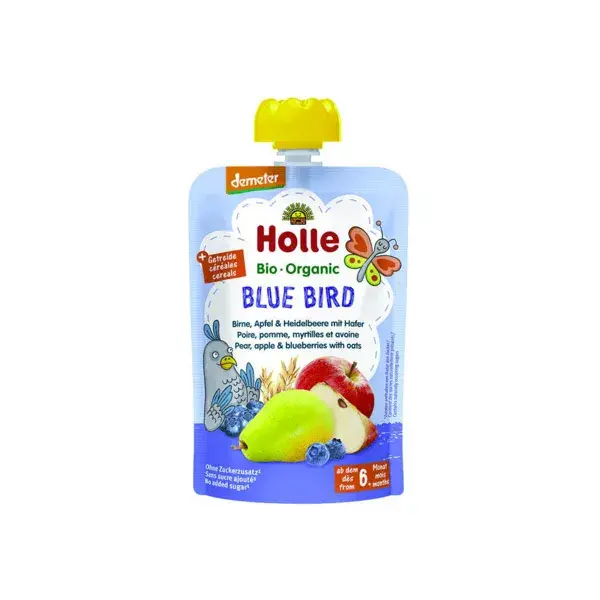 Garrafa de água Holle Pouchy sabor pera, maçã, mirtilo e aveia orgânica +6 meses 100g