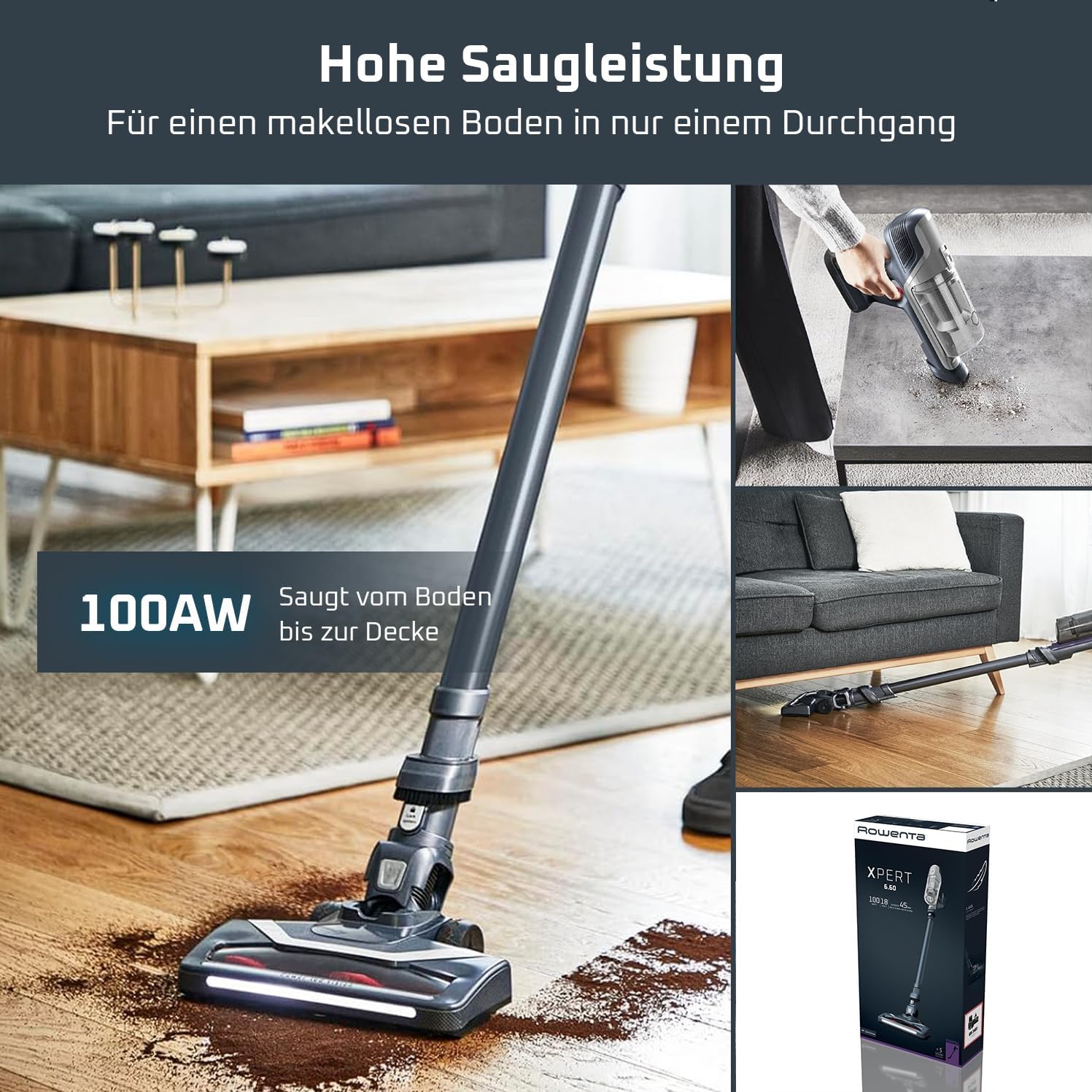 Rowenta X-Pert 6.60 Akkustaubsauger, 100 W Leistung, 45 Min Laufzeit, kabellos & beutellos, LED-Bürstenkopf, herausnehmbarer Akku, 0,55 l Behälter, inkl. Fugendüse und Wandhalterung, grau, RH6836EO