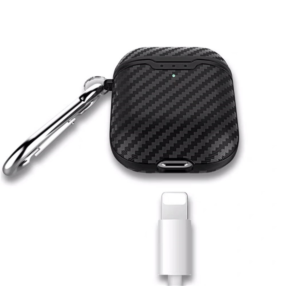 AirPods (1. & 2. Generation) Gummi Schutzhülle Abdeckung mit Karabinerhaken Carbon Look - Schwarz