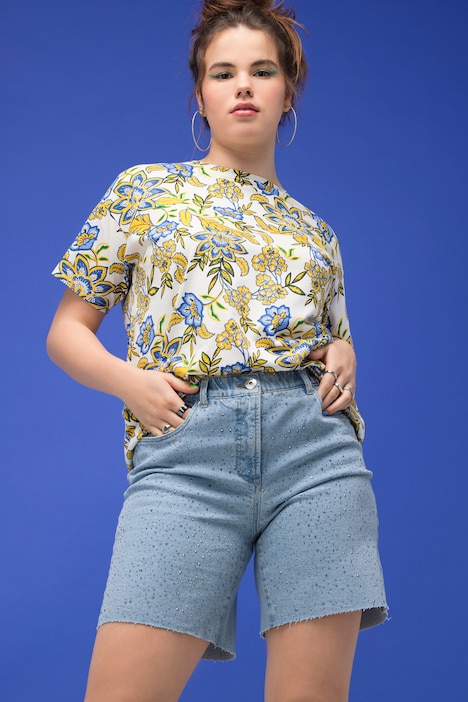 Jeans-Shorts, Wide Legs, High Waist, Ziersteinchen, Destroy-Effekte, 5-Pocket, Elastikbund,