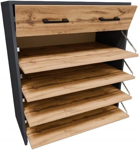MATKAM Schuhschrank 5S in moderner Optik, B 74 x H 85 x T 35 cm, laminierte Möbelplatte 16 mm, mit Rückwand, 5 ausklappbare Schuhablagen, Jede mit Zwei Griffen zum Aufmachen (Grau-Wotan Eiche)