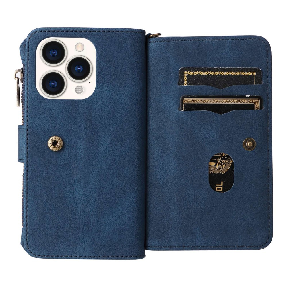 iPhone 14 Pro Leder Wallet Etui Tasche mit 13 Kartenfächern   Münzfach - Blau