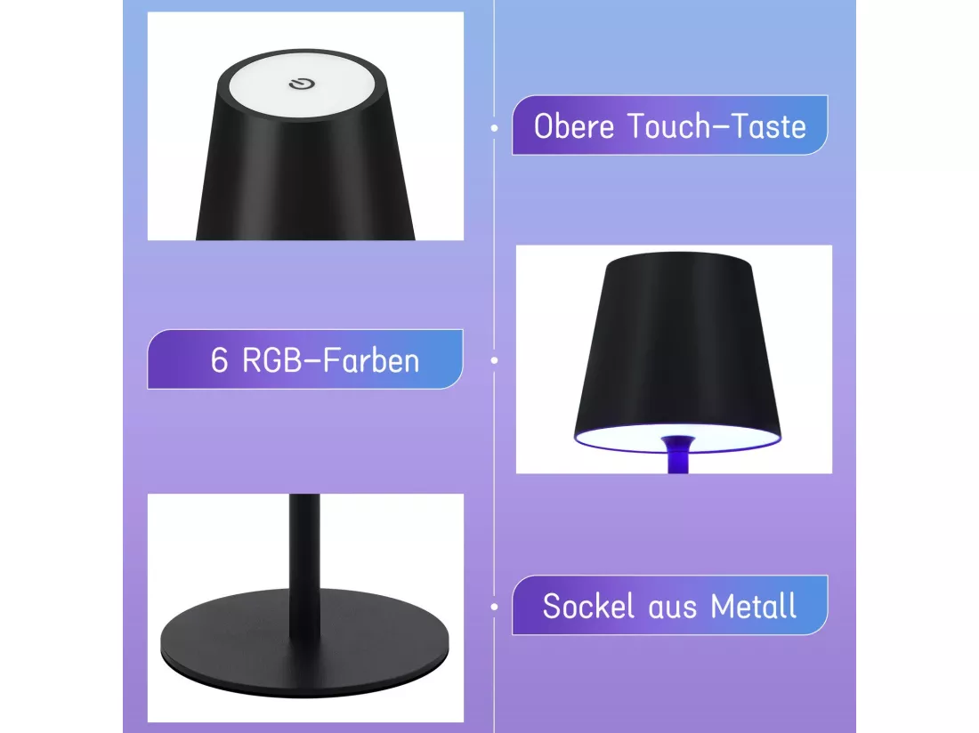 Nettlife Lampe de chevet sans fil, LED RGB 2600mAh, lampe de table extérieur rechargeable, tactile, dimmable, noire, TYPE-C/USB