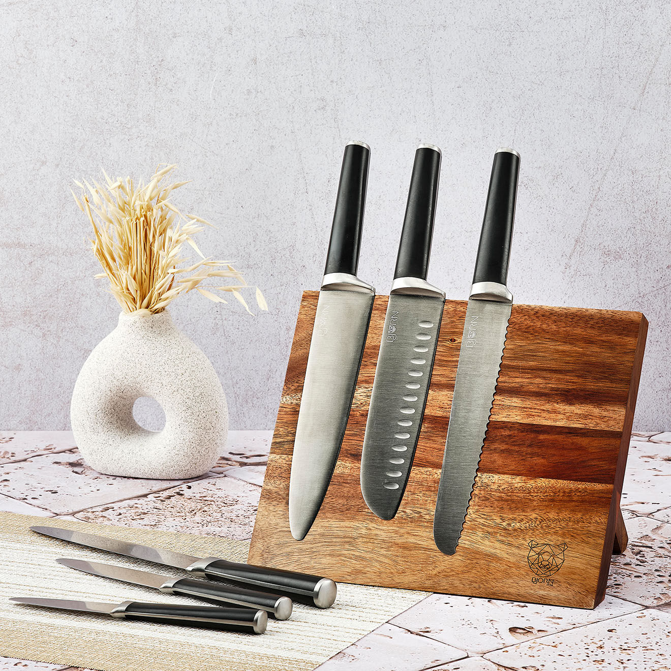Bjorn Bloc avec couteaux de cuisine Jona Rauma inox mat- 7 pièces
