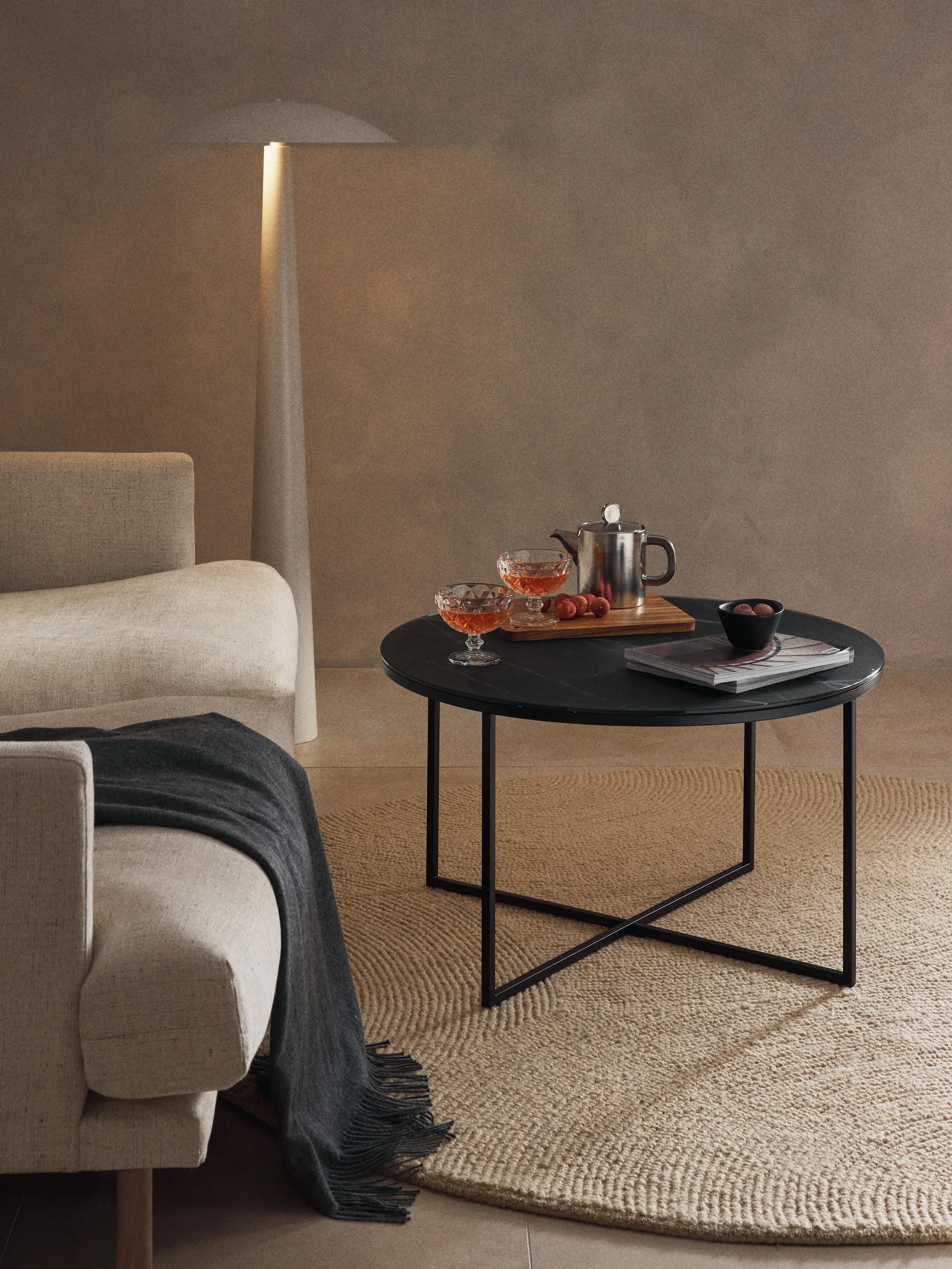 Ronde salontafel Antigua met glazen tafelblad in marmerlook