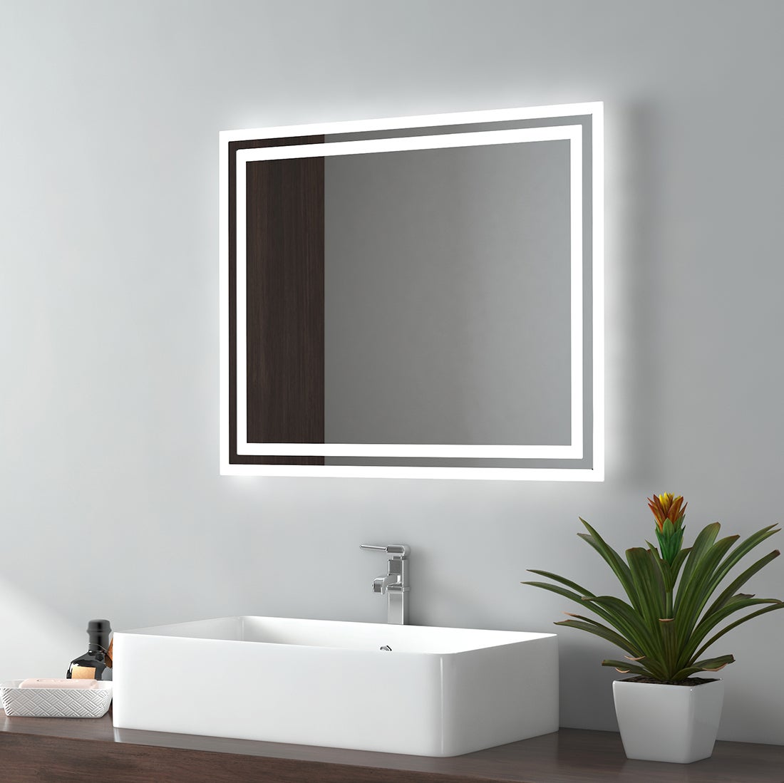 EMKE Badkamerspiegel met verlichting, LED-spiegel met schakelaar, anti-condens, 60 x 50 cm, koud wit/warm wit