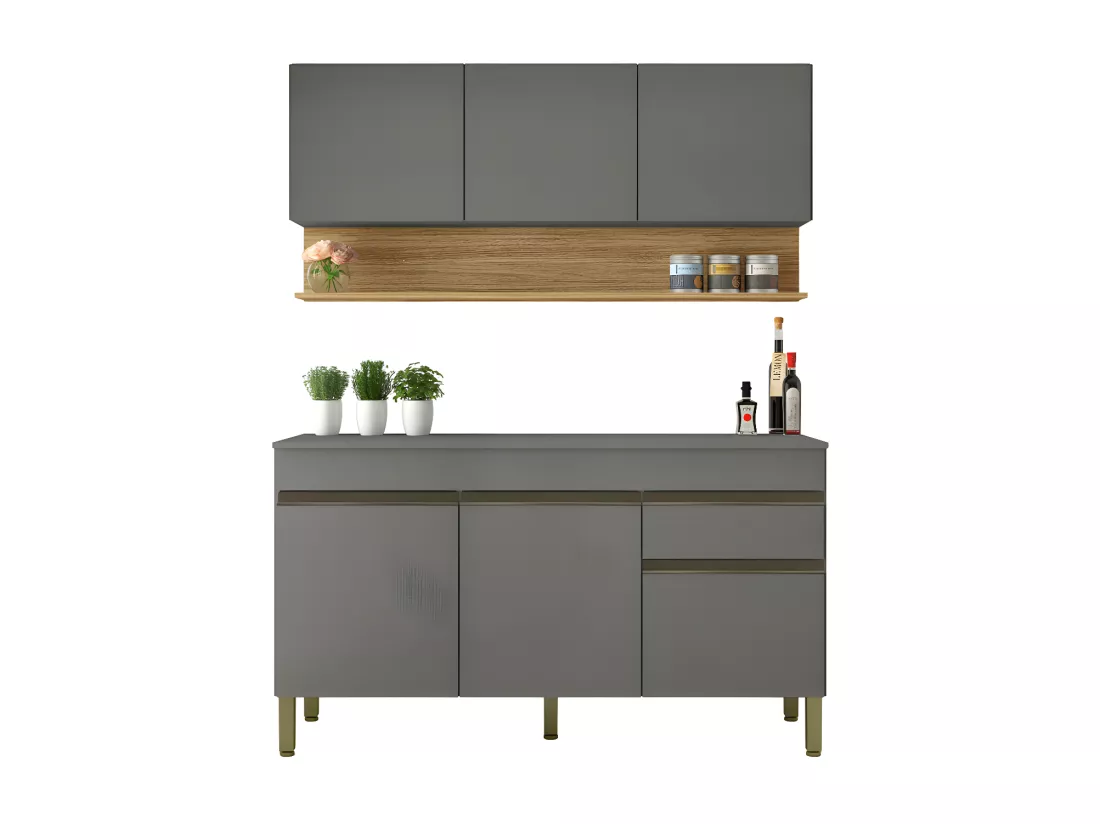 Cuisine Equipée 6 Portes 1 Tiroir Chêne et Gris L 150 H 200 P 53.3 cm