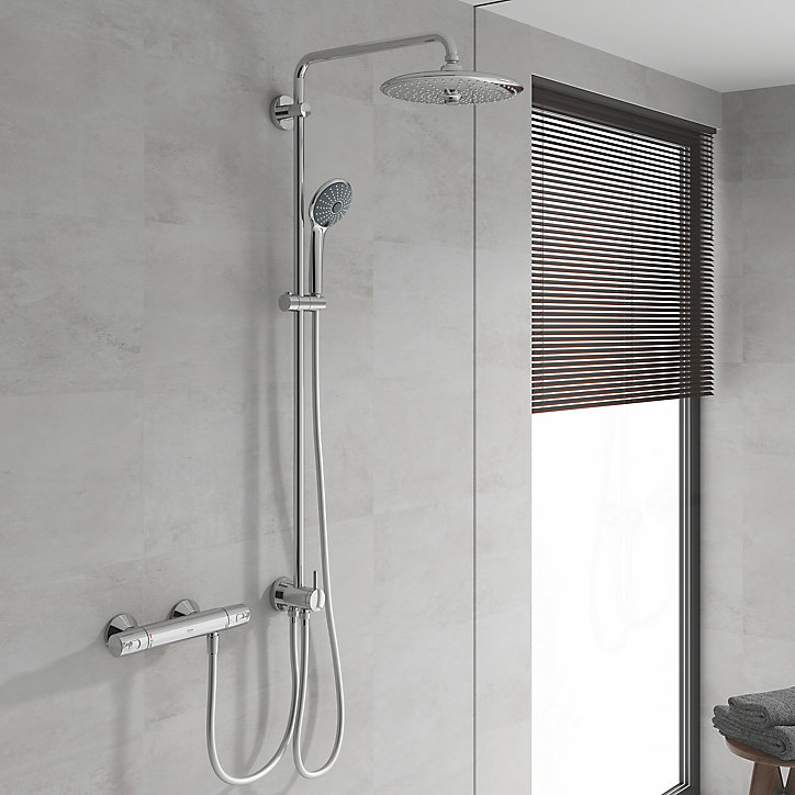 Colonne de douche sans robinetterie avec pommeau + douchette 3 jets + flexible + barre réglable, chrome, Grohe Vitalio Joy System 260