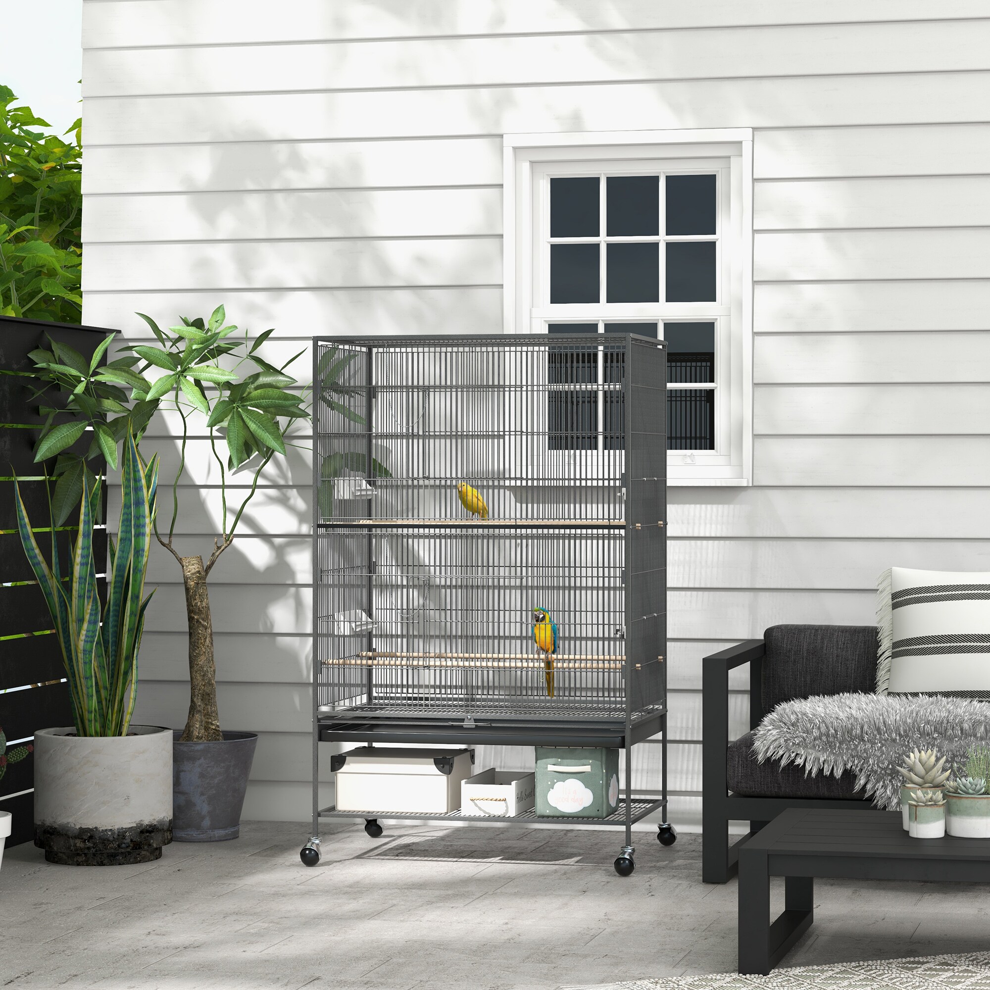 PawHut Vogelkäfig mit Rollen grau 94L x 57B x 153H cm