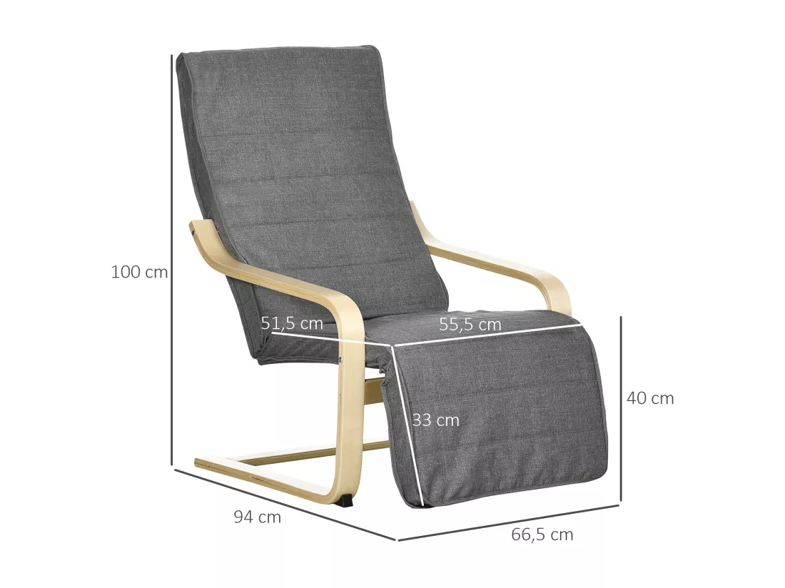 Fauteuil style nordique - repose-pied réglable - déhoussable - bois de bouleau tissu gris