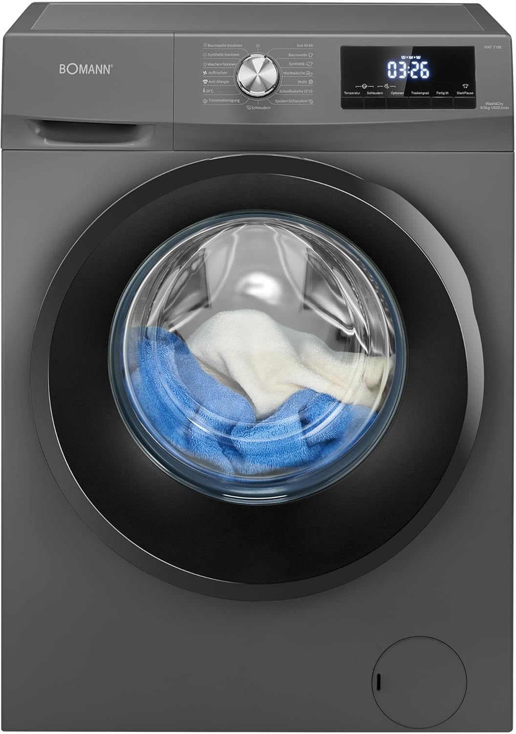Bomann® Waschtrockner | Waschen und Trocknen | 10 Jahre Motor-Garantie | 8 kg Waschen, 5 kg Trocknen | Invertermotor | 1400 U/Min | Waschmaschine mit Trockner integriert | WAT 7186 titan