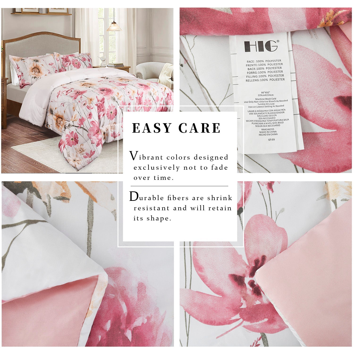 HIG 3 Piece Bohemian Floral Print Comforter Set for Queen King Bed, Pastoral Style Lightweight Duvet Set for Bedroom Decor