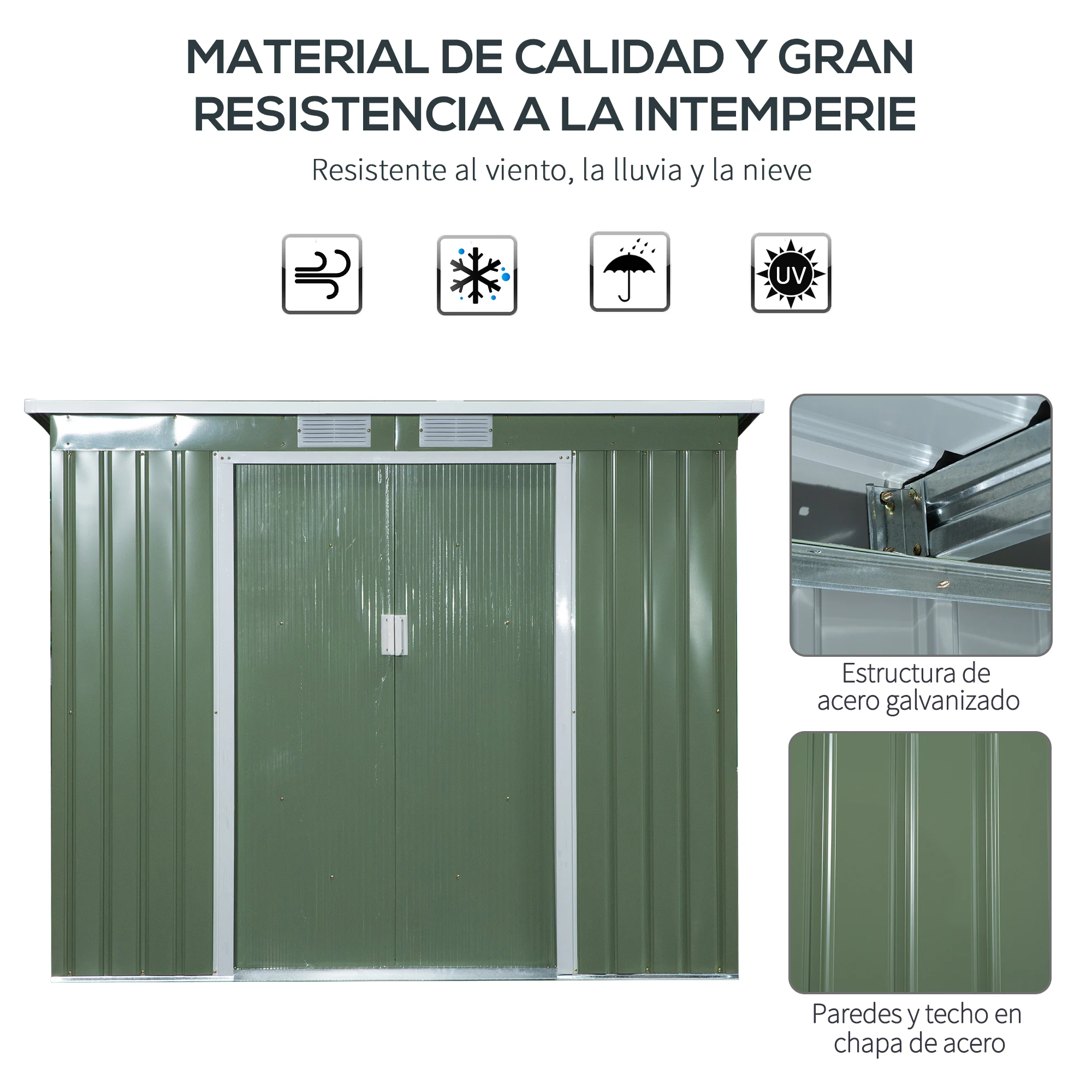 Casinha de Jardim Outsunny 213x130x172 cm com Base de 2,42 m², em Metal, para Armazenamento de Ferramentas Externas, com 2 Portas Deslizantes e 2 Janelas, Verde