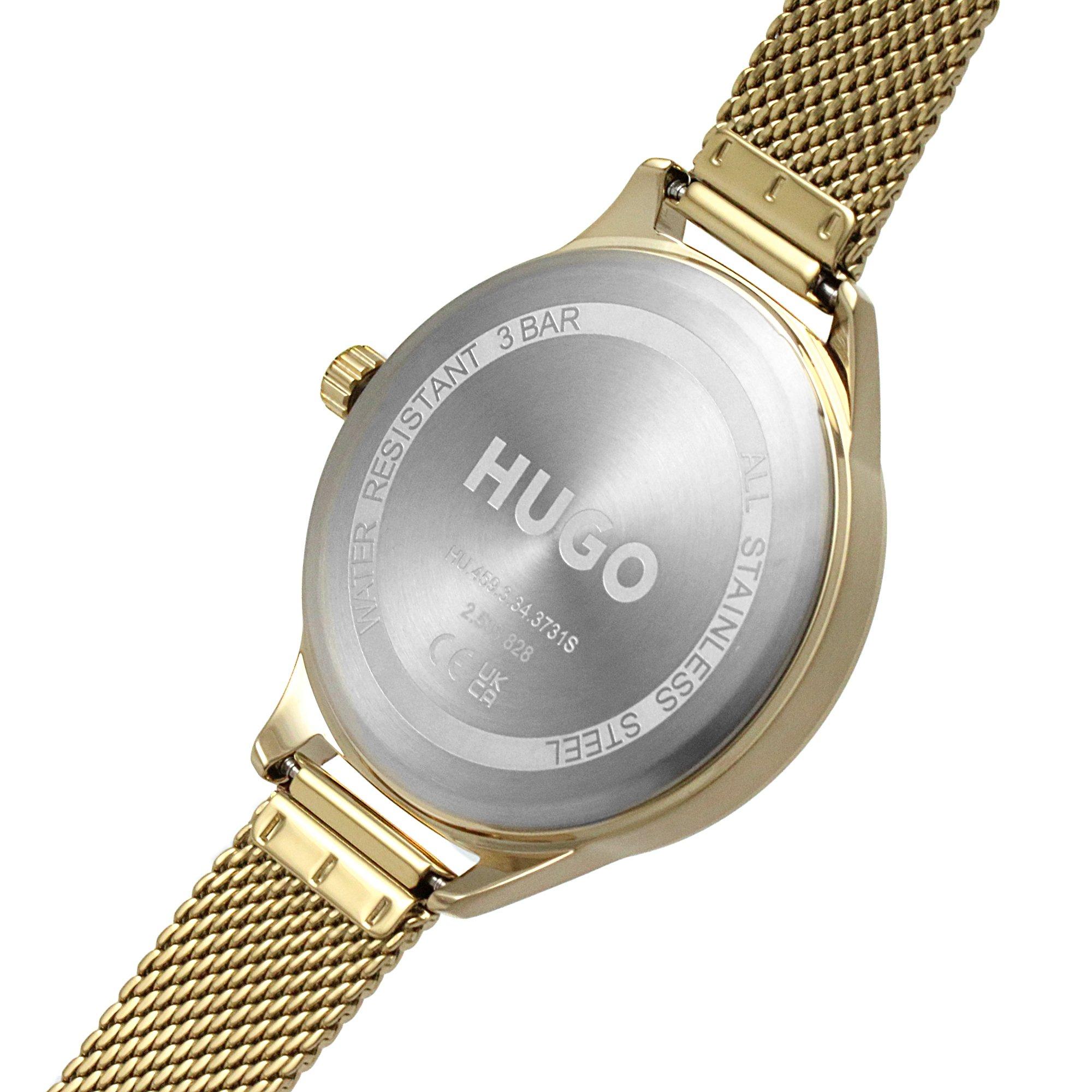 Hugo Flash Light Gold Mesh Strap Watch Womens