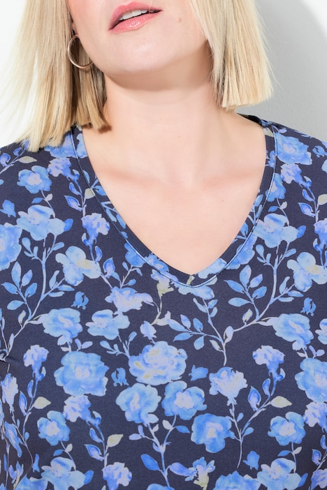 Longshirt, A-Linie, Blumenmuster, V-Ausschnitt