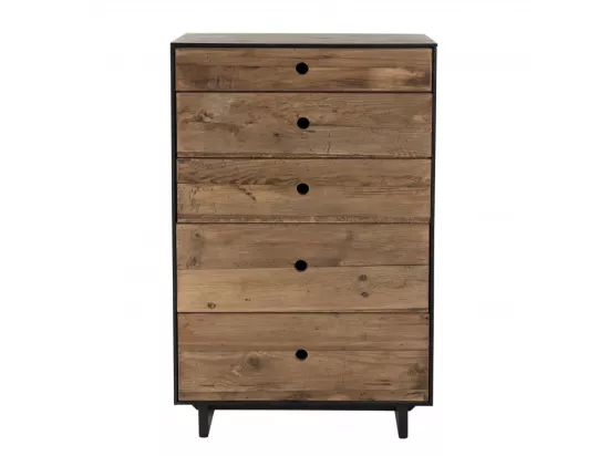 ANDREA - Meuble chiffonnier 5 tiroirs bois Pin recyclé naturel et noir